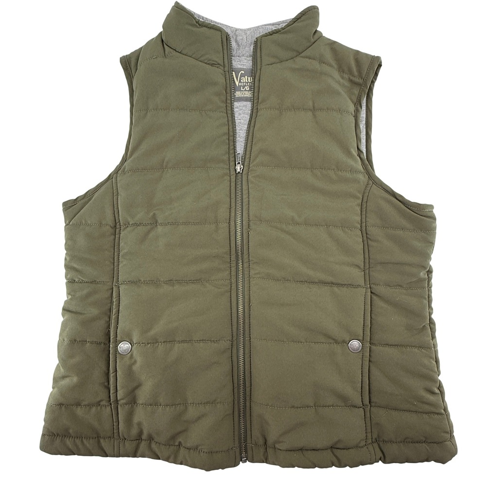 Natural Reflections Womens Olive Green Quilted Puffer Vest L Grey Jersey Lined